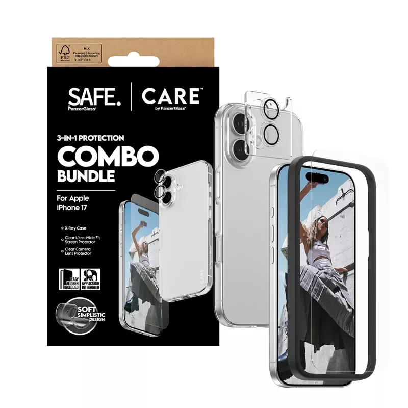 PanzerGlass 3-w-1 zestaw combo dla iPhone 17 — ochrona ekranu, ochrona obiektywu aparatu i etui