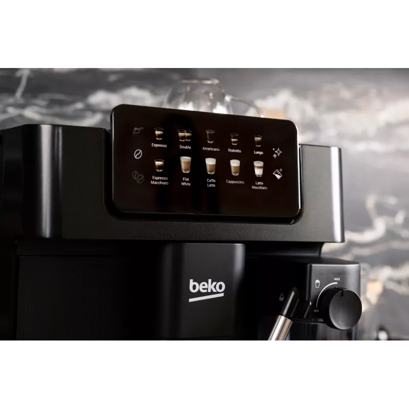 Ekspres do kawy Beko CEG7304B CaffeExperto z dyszą parową, ekspres do kawy, 2 L, ziarna kawy, wbudowany młynek, 1350 W, czarny, srebrny