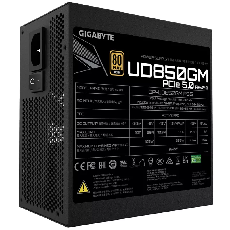 GIGABYTE UD850GM PG5 V2 Zasilacz – PCIe Gen 5.1, 80 PLUS Gold, w pełni modułowa konstrukcja, wentylator 120 mm, kompatybilny z ATX 3.1, wtyczka EU
