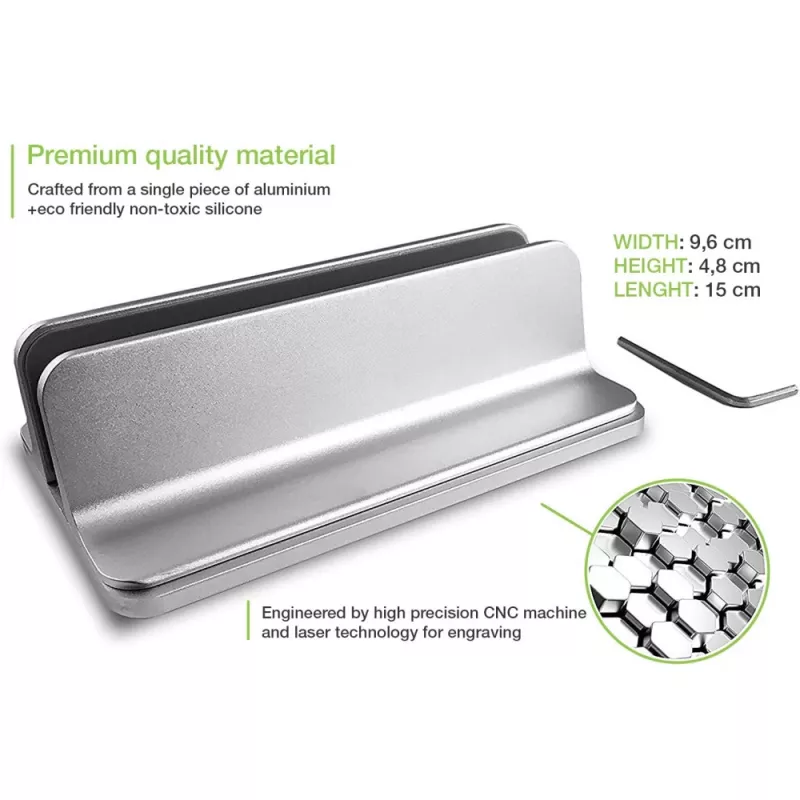 Podstawka pod laptop TECHLY Vertical Aluminum Notebook Stand srebrny dla maks. 17 cali (96×150×48 mm, 580 g)