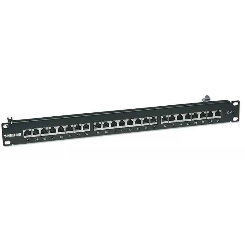 Intellinet Patch Panel, Cat6, FTP, 24-Port, 1U, Ekranowany, 90° Bloki LSA do wprowadzania od góry, Czarny