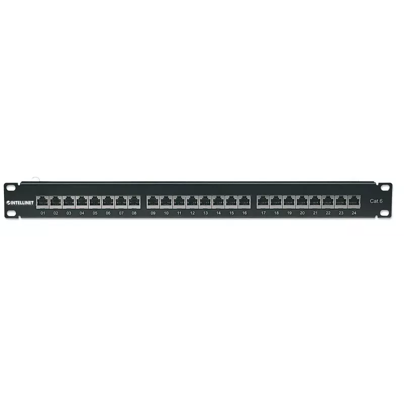 Intellinet Patch Panel, Cat6, FTP, 24-Port, 1U, Ekranowany, 90° Bloki LSA do wprowadzania od góry, Czarny