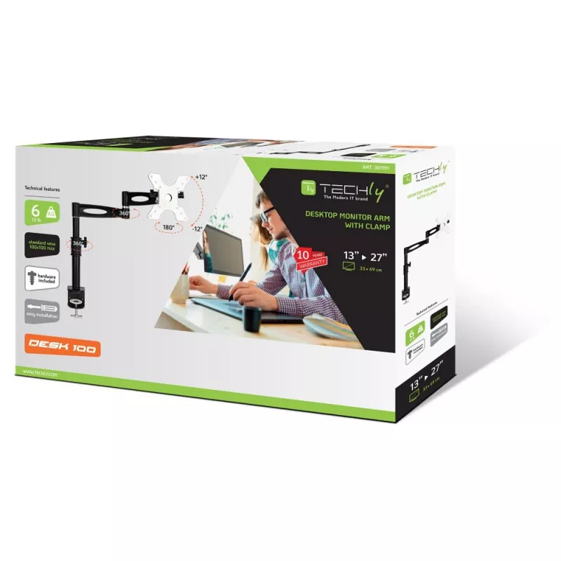 Techly 13-27 inch uchwyt biurkowy do monitora, długie ramię, z regulacją pochylenia ICA-LCD 502BK