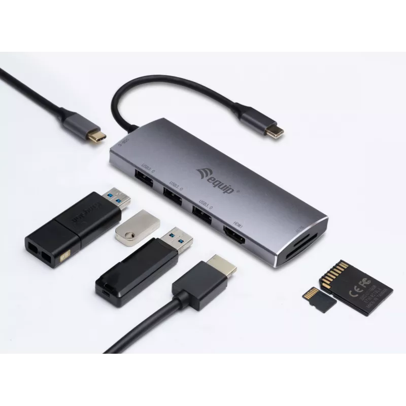 Equip USB-C 7 w 1 wielofunkcyjny adapter, USB 3.2 Gen 1 (3.1 Gen 1) Type-C, 100 W, srebrny, MicroSD (TransFlash), MicroSDHC, SD, SDHC, 4K Ultra HD, 30 Hz