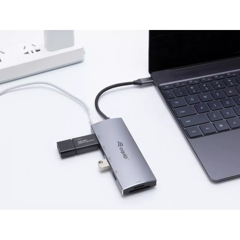 Equip USB-C 7 w 1 wielofunkcyjny adapter, USB 3.2 Gen 1 (3.1 Gen 1) Type-C, 100 W, srebrny, MicroSD (TransFlash), MicroSDHC, SD, SDHC, 4K Ultra HD, 30 Hz