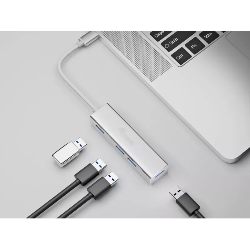 Hub USB-C do 4 portów USB 3.0 Equip, USB 3.2 Gen 1 (3.1 Gen 1) Type-C, USB 3.2 Gen 1 (3.1 Gen 1) Type-A, 5000 Mbit/s, srebrny, aluminium, Windows 10, Windows 7, Windows 8