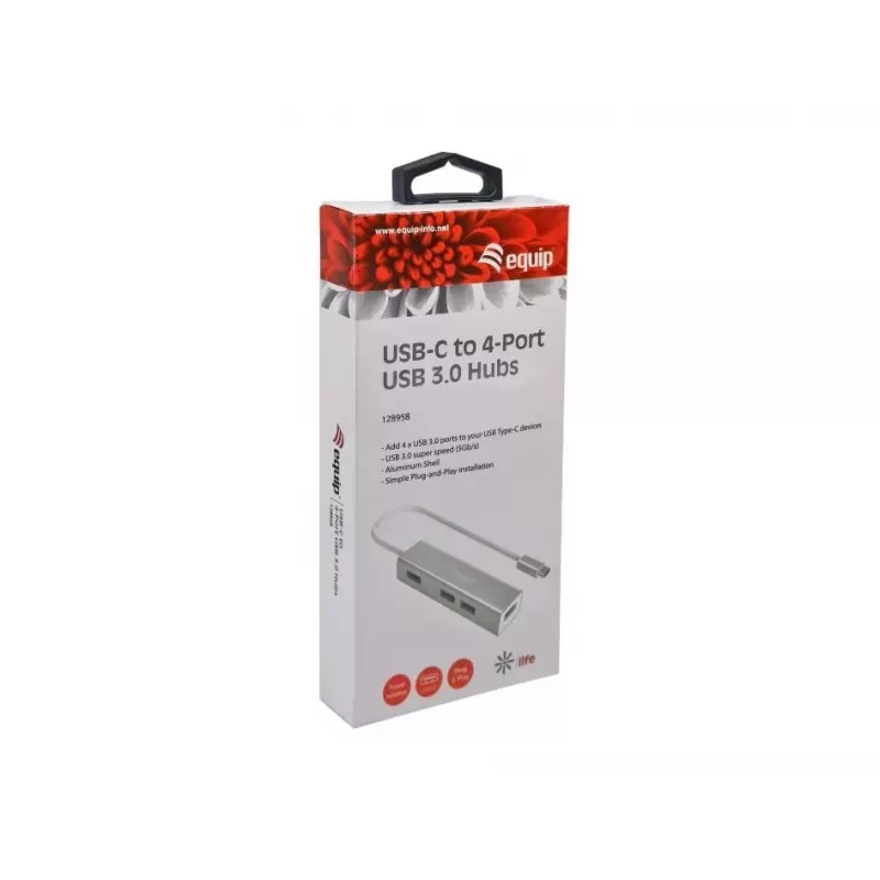 Hub USB-C do 4 portów USB 3.0 Equip, USB 3.2 Gen 1 (3.1 Gen 1) Type-C, USB 3.2 Gen 1 (3.1 Gen 1) Type-A, 5000 Mbit/s, srebrny, aluminium, Windows 10, Windows 7, Windows 8