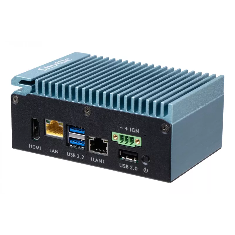 Shuttle Edge PC SPCEL02, Intel Celeron J6412, 1x HDMI, 2x 2.5G LAN, 1x COM, DIO (4x we, 4x wy), 3x USB, 2x M.2, 12-24 V, praca ciągła 24/7, bez wentylatora, zawiera uchwyt VESA i do szyny DIN