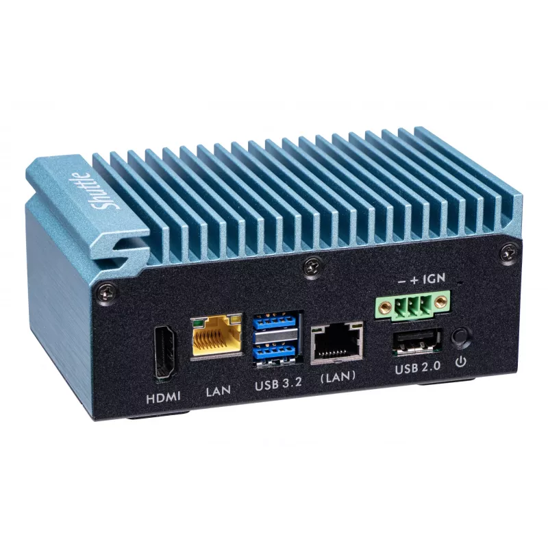 Shuttle Edge PC SPCEL02, Intel Celeron J6412, 1x HDMI, 2x 2.5G LAN, 1x COM, DIO (4x we, 4x wy), 3x USB, 2x M.2, 12-24 V, praca ciągła 24/7, bez wentylatora, zawiera uchwyt VESA i do szyny DIN