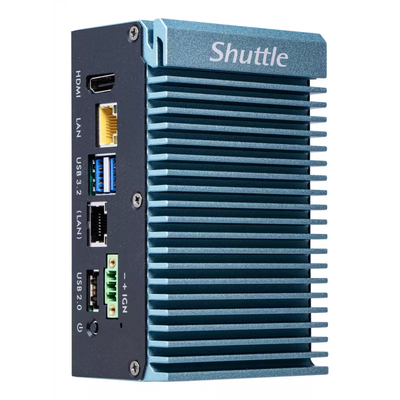 Shuttle Edge PC SPCEL02, Intel Celeron J6412, 1x HDMI, 2x 2.5G LAN, 1x COM, DIO (4x we, 4x wy), 3x USB, 2x M.2, 12-24 V, praca ciągła 24/7, bez wentylatora, zawiera uchwyt VESA i do szyny DIN