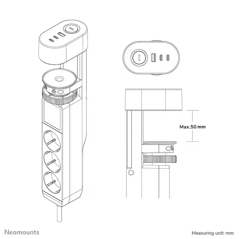 Neomounts DS22-840WH6 Gniazdo biurkowe z zaciskiem i portami USB-C i USB-A - Szybkie ładowanie