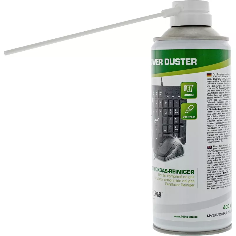Sprężone powietrze w sprayu 400 ml — InLine, wysokie ciśnienie do konserwacji IT, serwerów i PC