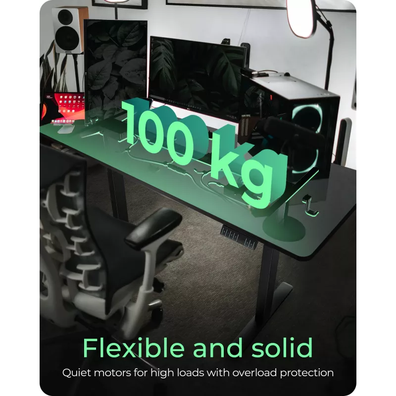 Biurko elektryczne z regulacją wysokości ICY BOX IB-EW122B-TT, czarne, 1400×700 mm, wysokość 630–1280 mm, udźwig 100 kg