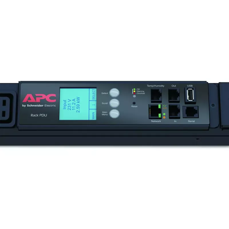 APC NetShelter Metered Rack PDU, 0U, 3PH, 22kW 230V 32A lub 17.3kW 230V 24A, x30 gniazd C13 i x12 gniazd C19, przewód IEC 309 3P+N+PE