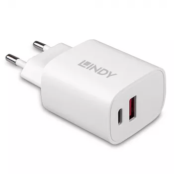 Ładowarka wewnętrzna Lindy 73413 — uniwersalna AC 100–240V, wyjście 12V 3A, USB-A + USB-C, biała