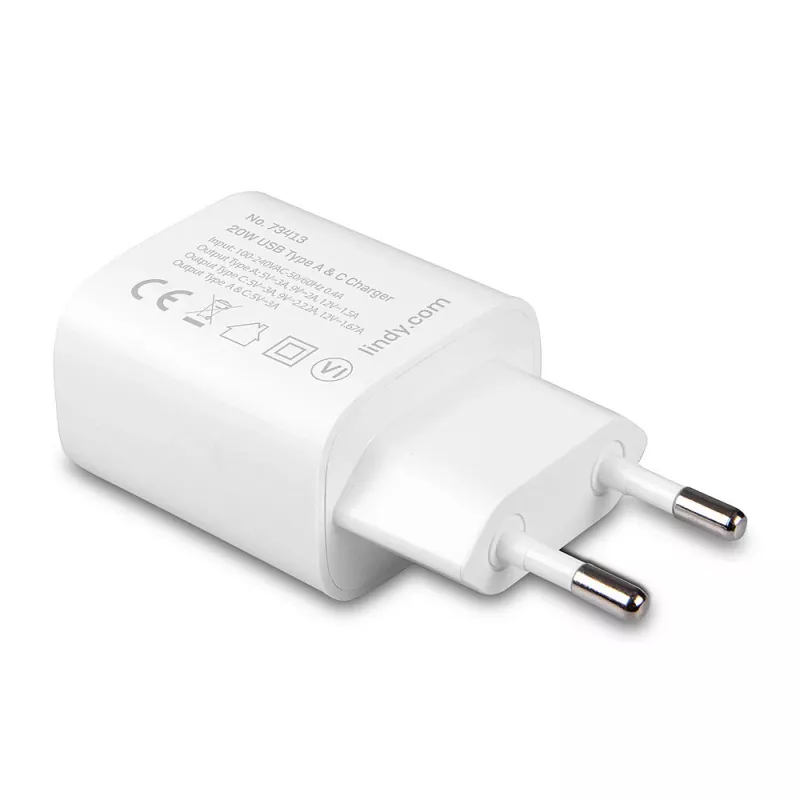 Ładowarka wewnętrzna Lindy 73413 — uniwersalna AC 100–240V, wyjście 12V 3A, USB-A + USB-C, biała