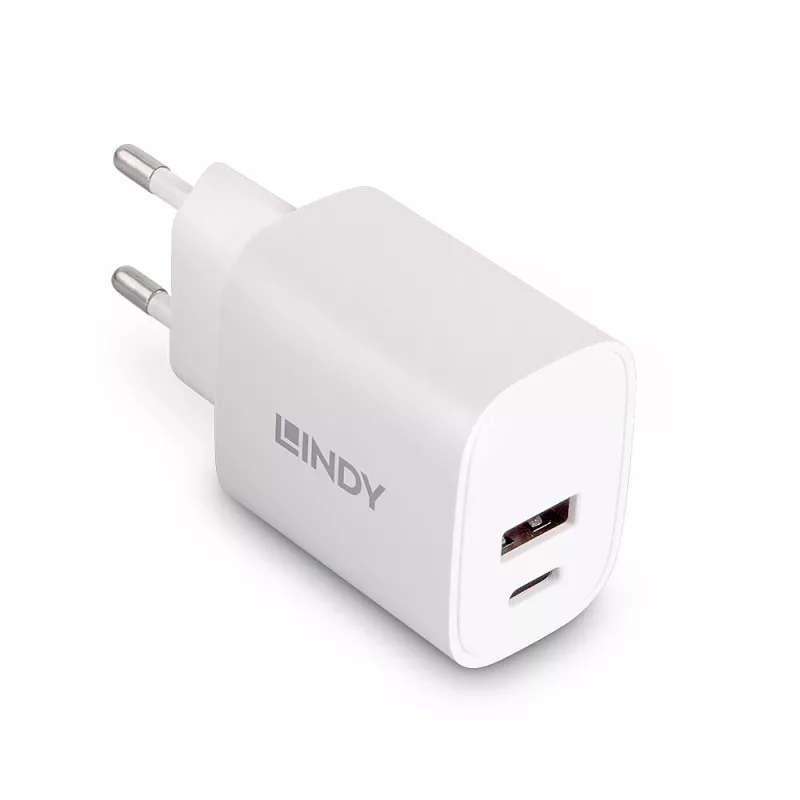 Ładowarka wewnętrzna Lindy 73413 — uniwersalna AC 100–240V, wyjście 12V 3A, USB-A + USB-C, biała