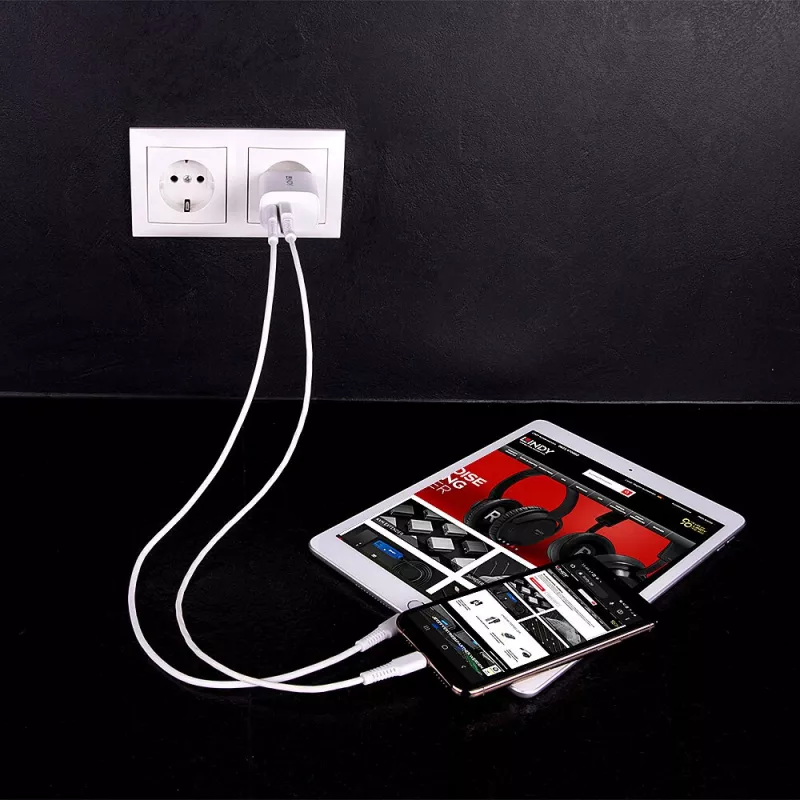 Ładowarka wewnętrzna Lindy 73413 — uniwersalna AC 100–240V, wyjście 12V 3A, USB-A + USB-C, biała