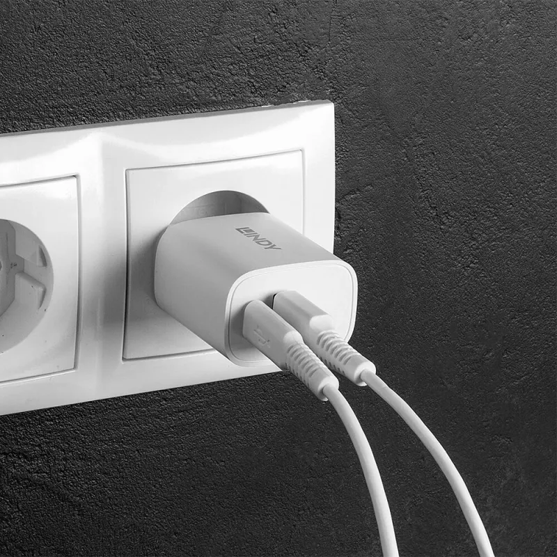 Ładowarka wewnętrzna Lindy 73413 — uniwersalna AC 100–240V, wyjście 12V 3A, USB-A + USB-C, biała