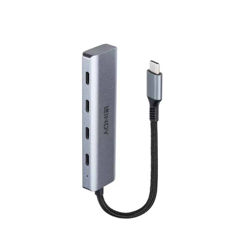 Lindy 4 Port USB 3.2 Gen 2 Type C Hub, USB 3.2 Gen 2 (3.1 Gen 2) Type-C, 10000 Mbit/s, Szary, Aluminium, Plastik, Okrągły kabel