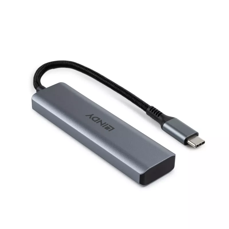 Lindy 4 Port USB 3.2 Gen 2 Type C Hub, USB 3.2 Gen 2 (3.1 Gen 2) Type-C, 10000 Mbit/s, Szary, Aluminium, Plastik, Okrągły kabel