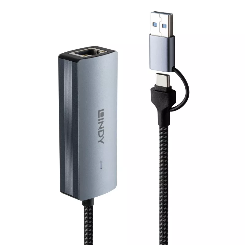 Lindy USB 3.2 Gen 1 to 5G Ethernet Converter, USB 3.2 Gen 2 (3.1 Gen 2) Typ-C, 5000 Mbit/s, Szary, Aluminium, Tworzywo sztuczne, Okrągły kabel, 0,15 m