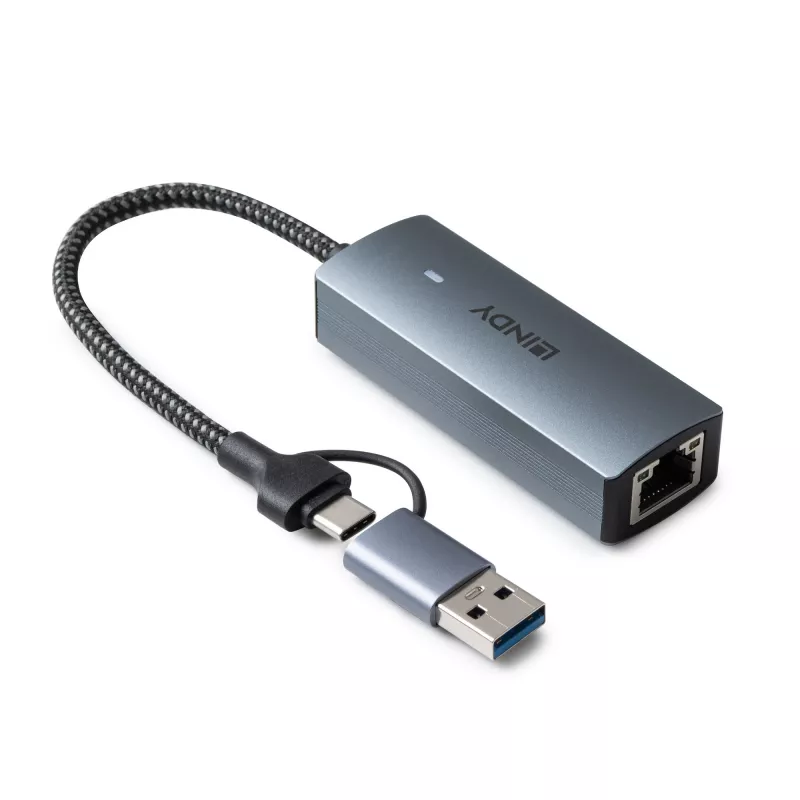 Lindy USB 3.2 Gen 1 to 5G Ethernet Converter, USB 3.2 Gen 2 (3.1 Gen 2) Typ-C, 5000 Mbit/s, Szary, Aluminium, Tworzywo sztuczne, Okrągły kabel, 0,15 m