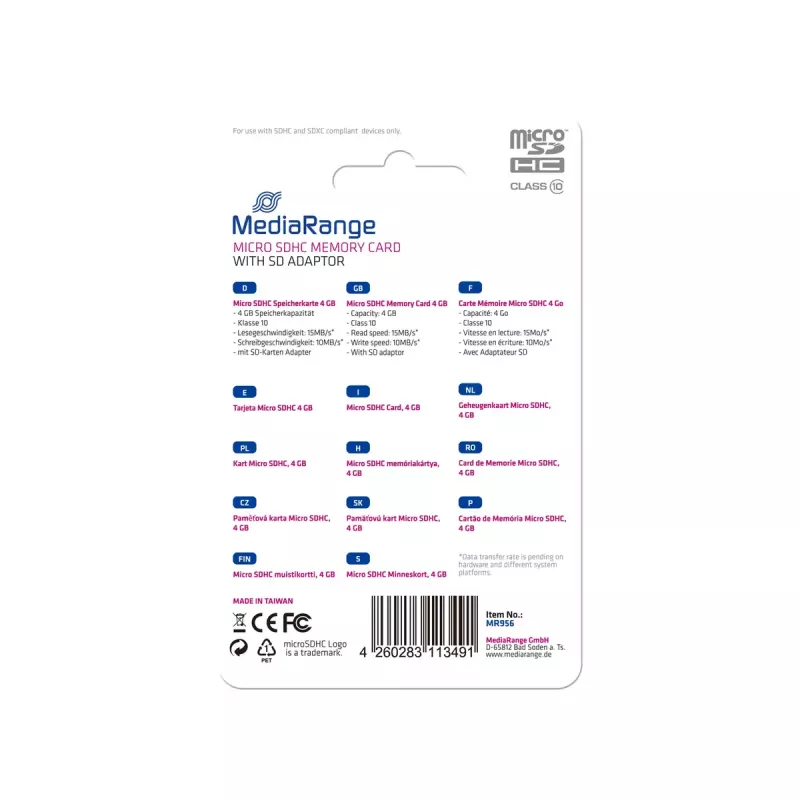 Karta pamięci MediaRange 4GB MicroSDHC Klasa 10 MR956