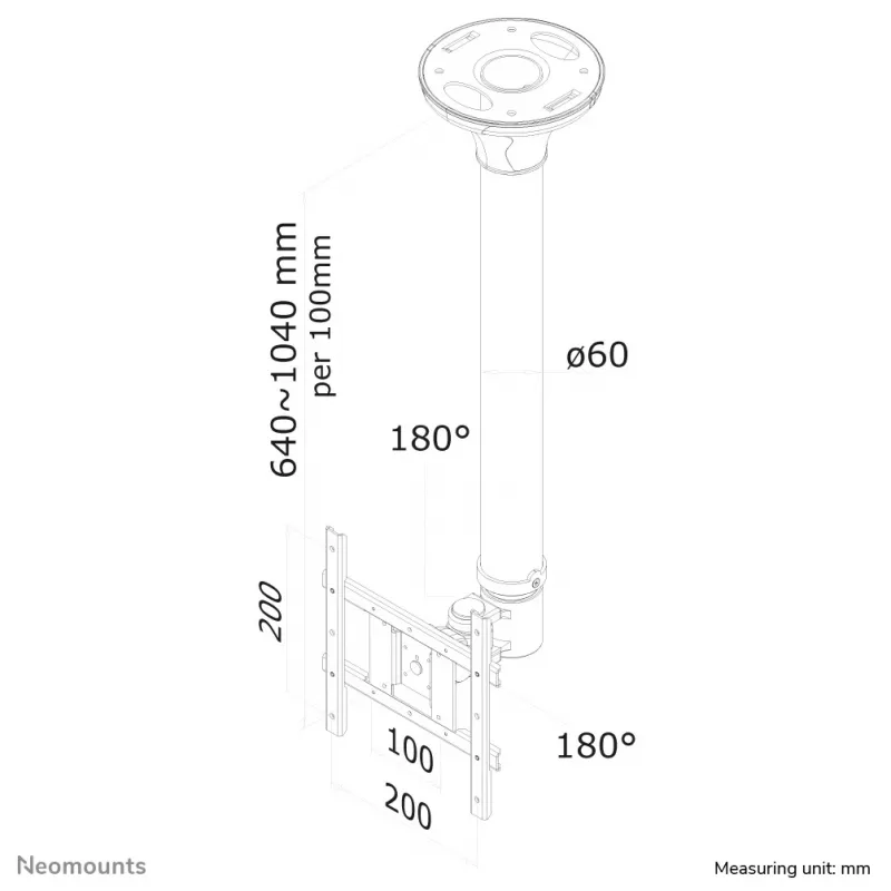 Neomounts FPMA-C200Czarny Uchwyt sufitowy do monitora/telewizora 10-40 cali - wys. 64-104 cm