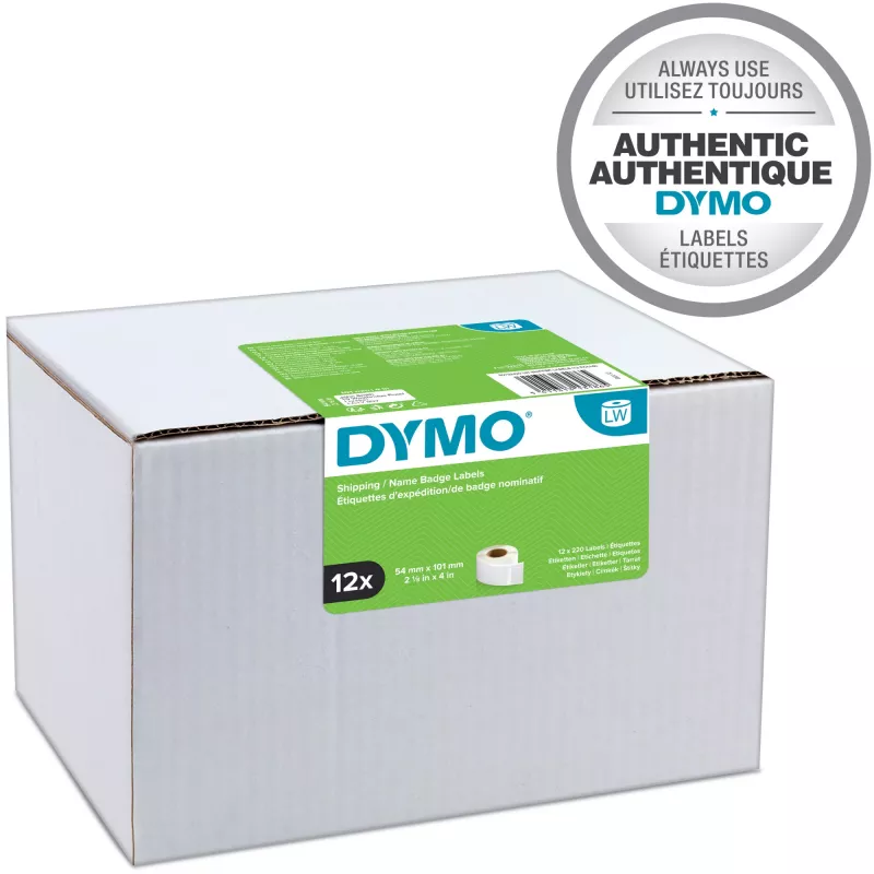 Etykiety DYMO Authentic LabelWriter Large Shipping Labels/Name Badges | 54 mm x 101 mm | 12 rolek po 220 (2 640 etykiet z łatwym odklejaniem) | Samoprzylepne | do drukarek etykiet LabelWriter