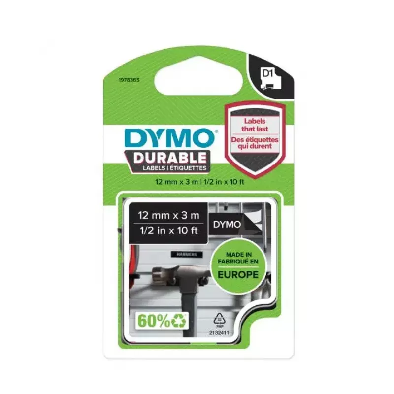 Autentyczne etykiety D1 Durable drukarki DYMO | Biały nadruk na czarnej taśmie | 12 mm x 3 m | Taśma do etykietowania do drukarek etykiet LabelManager