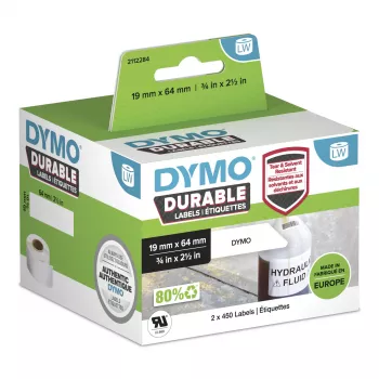 DYMO LabelWriter Trwałe etykiety przemysłowe | 19 mm x 64 mm | Biały polipropylen | 2 rolki po 450 (900 etykiet samoprzylepnych) | Oryginalne | Do drukarek etykiet LabelWriter
