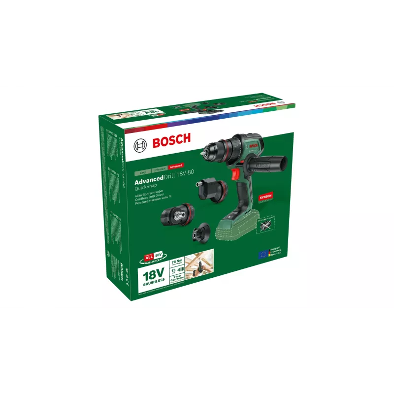 Wiertarka akumulatorowa Bosch AdvancedDrill 18V-80 QuickSnap Solo — 18 V, kompaktowa, zielono-czarna