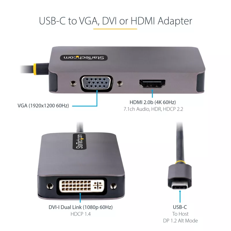StarTech.com Adapter wideo USB-C, Adapter USB-C do HDMI DVI VGA, Do 4K 60 Hz, Aluminium, Wieloportowy adapter wideo, Zgodny z Thunderbolt 3 / 4, Adapter podróżny USB Type-C