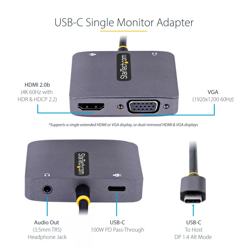 StarTech.com Adapter wideo USB C, adapter wieloportowy USB C na HDMI VGA, audio 3,5 mm, 4K 60 Hz HDR, przesył mocy 100 W PD, zgodny z Thunderbolt 3/4 – podróżny adapter wyświetlacza USB C