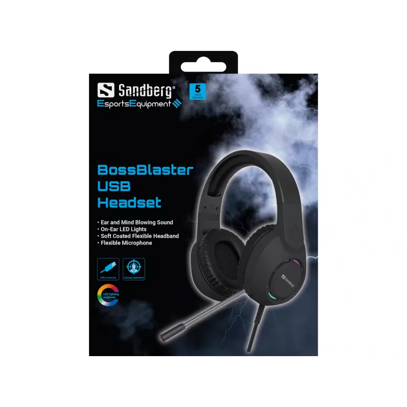 Zestaw słuchawkowy SANDBERG BossBlaster USB — przewodowy zestaw słuchawkowy gamingowy, 20–20000 Hz, kabel 2 m, 240 g, czarny