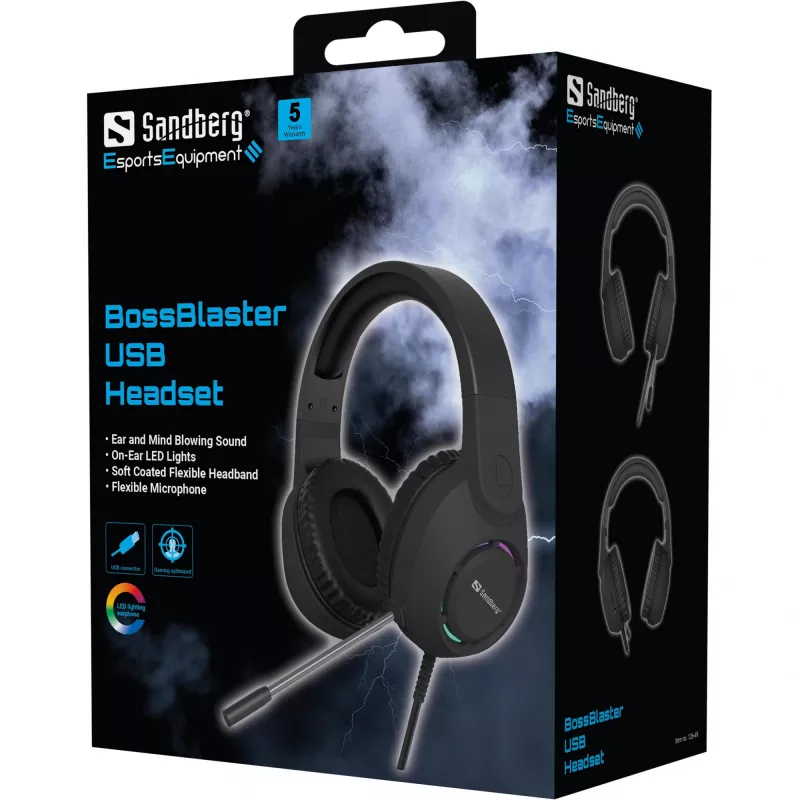 Zestaw słuchawkowy SANDBERG BossBlaster USB — przewodowy zestaw słuchawkowy gamingowy, 20–20000 Hz, kabel 2 m, 240 g, czarny