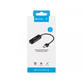 Sandberg USB 3.0 to SATA Link, Czarny, 5 Gbit/s, 20 g, 77 mm, 18 mm, 193 mm