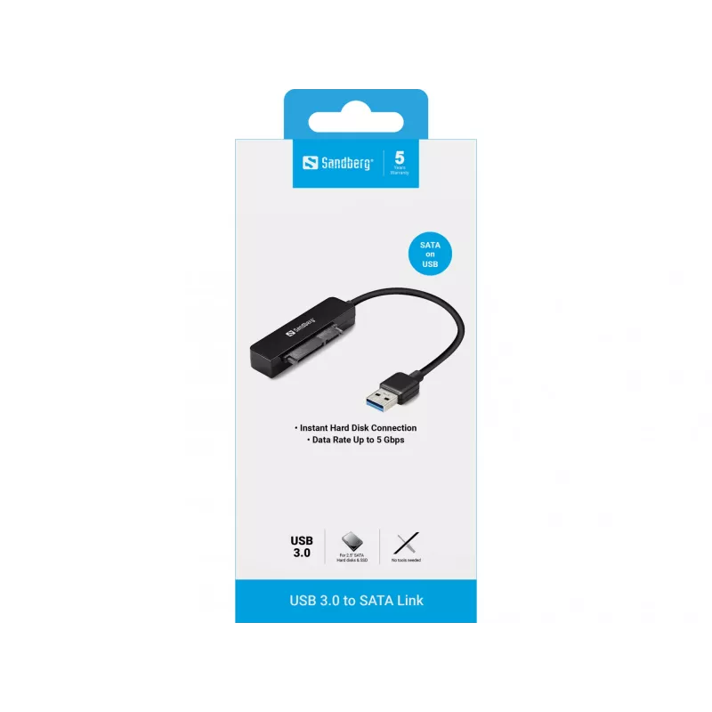 Sandberg USB 3.0 to SATA Link, Czarny, 5 Gbit/s, 20 g, 77 mm, 18 mm, 193 mm