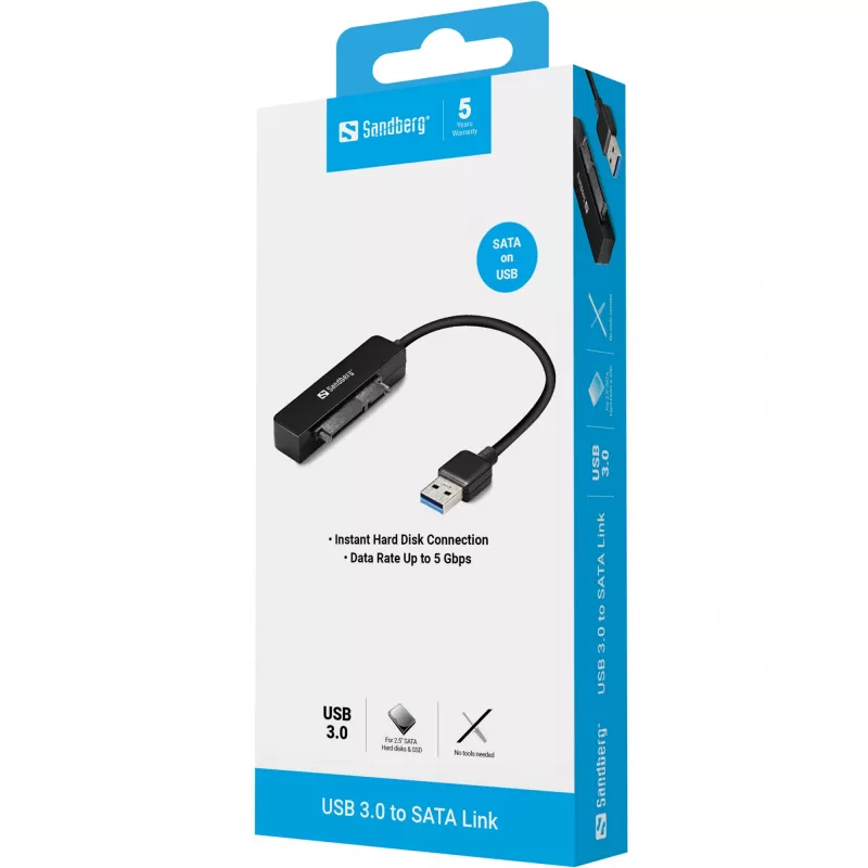 Sandberg USB 3.0 to SATA Link, Czarny, 5 Gbit/s, 20 g, 77 mm, 18 mm, 193 mm