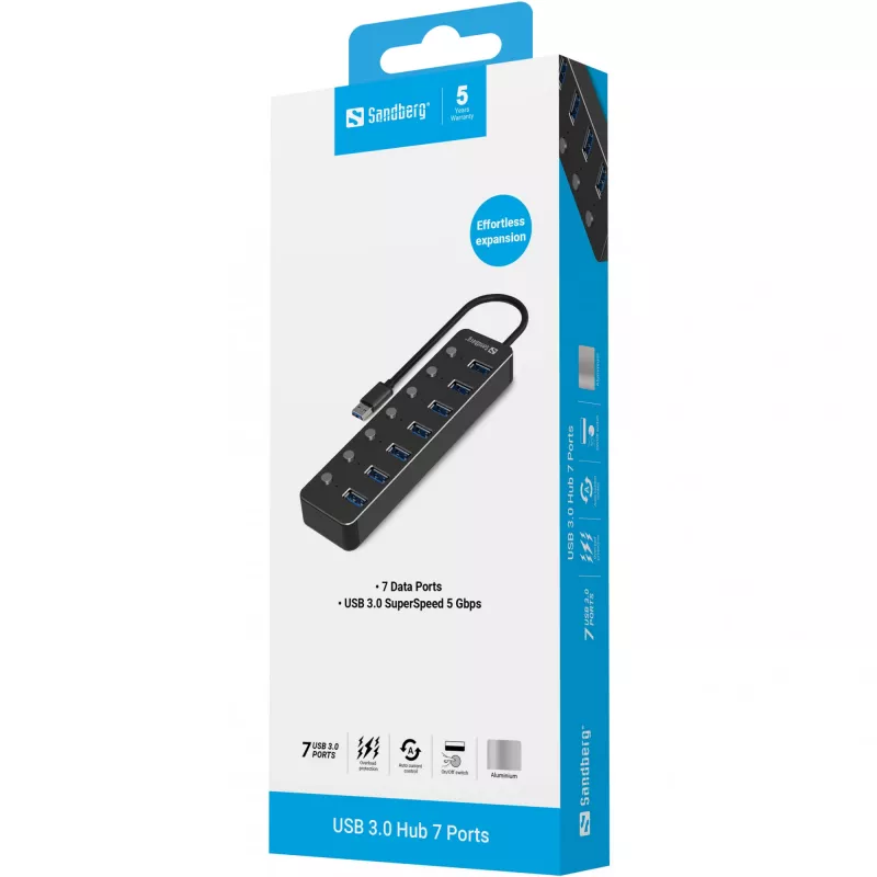Koncentrator USB Sandberg 7 portów USB 3.0 czarny aluminium