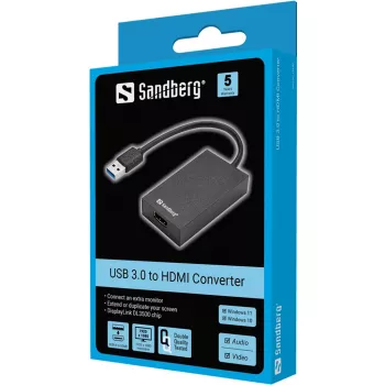 Sandberg USB 3.0 na HDMI Konwerter Czarny Pasywny Konwerter Wideo