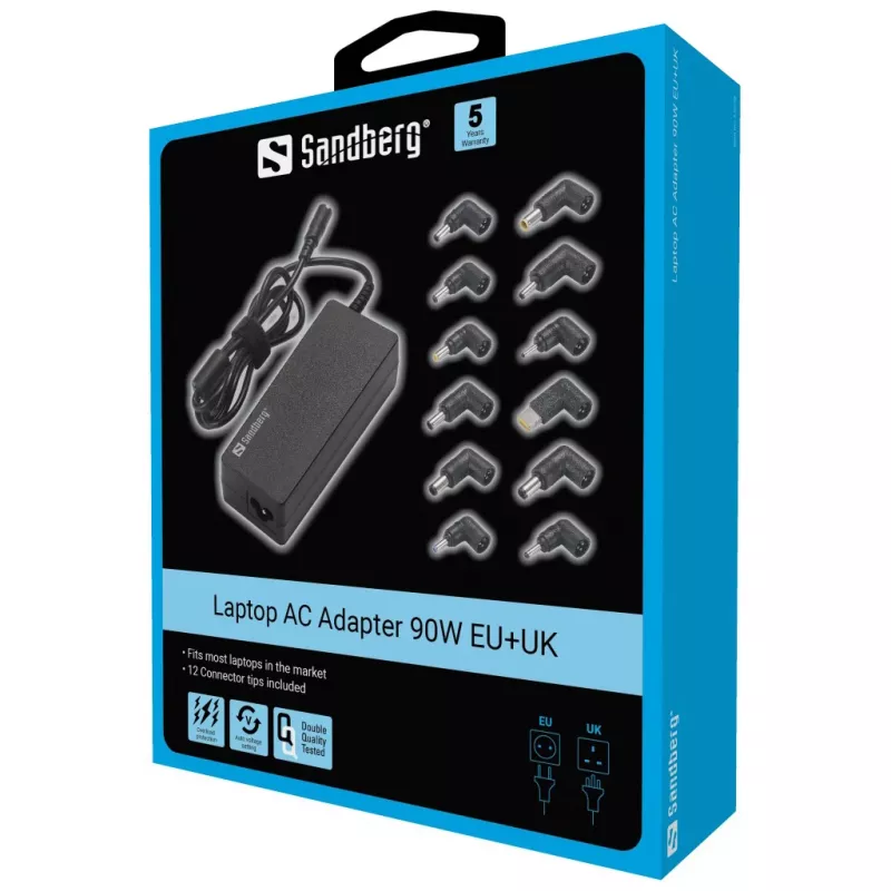 Zasilacz do laptopa Sandberg 90W EU+UK Wejście 100-240V Czarny