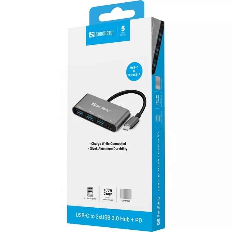USB-C do 3xUSB 3.0 Hub + PD Sandberg 136-03