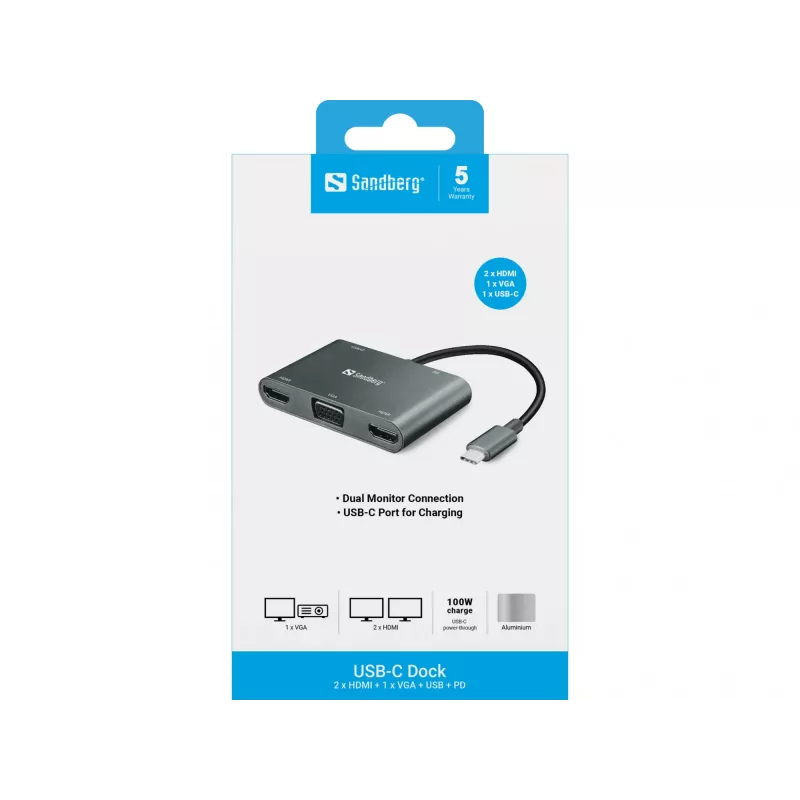 Sandberg USB-C Dock 2xHDMI+1xVGA+USB+PD