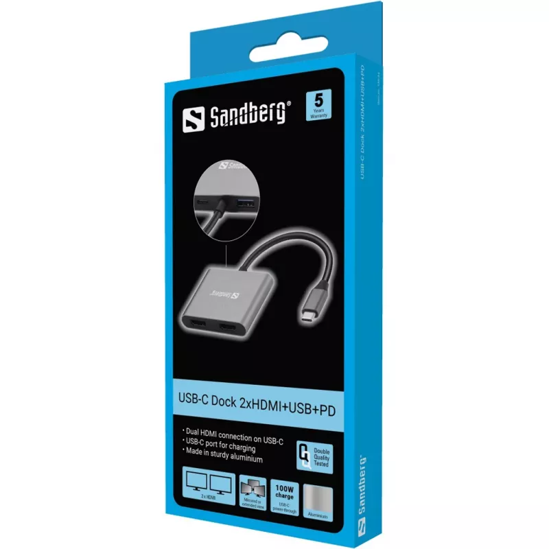 Sandberg USB-C Dock 2xHDMI+USB+PD Maksymalna rozdzielczość 3840x2160