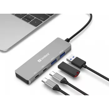 Sandberg USB-C na 2xUSB-A + 2xUSB-C Hub Szary Aluminium