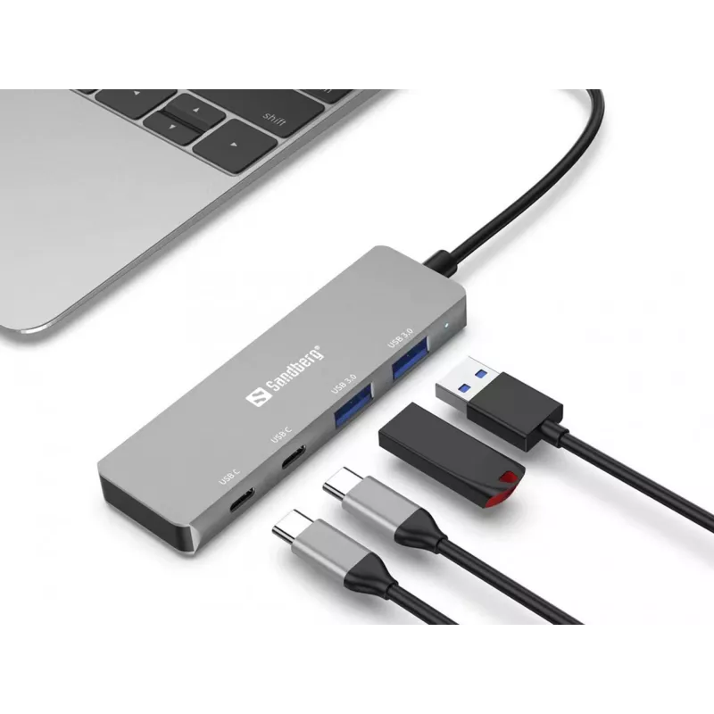 Sandberg USB-C na 2xUSB-A + 2xUSB-C Hub Szary Aluminium
