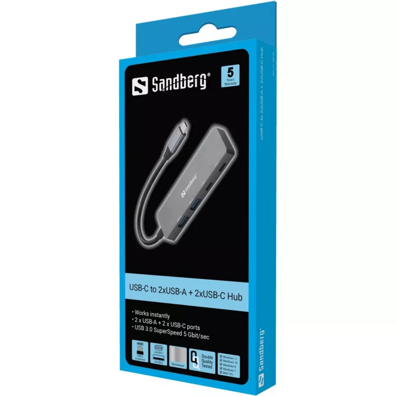 Sandberg USB-C na 2xUSB-A + 2xUSB-C Hub Szary Aluminium