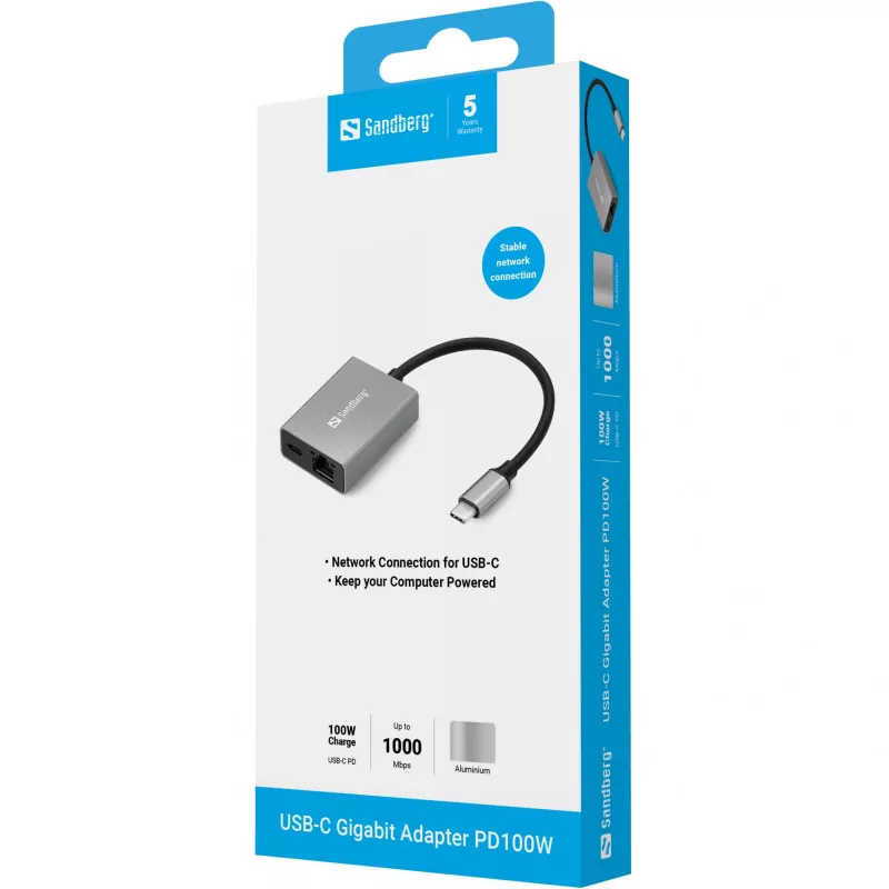 Sandberg USB-C Gigabit Adapter PD100W USB Type-C RJ-45 1 Gbit/s Szary